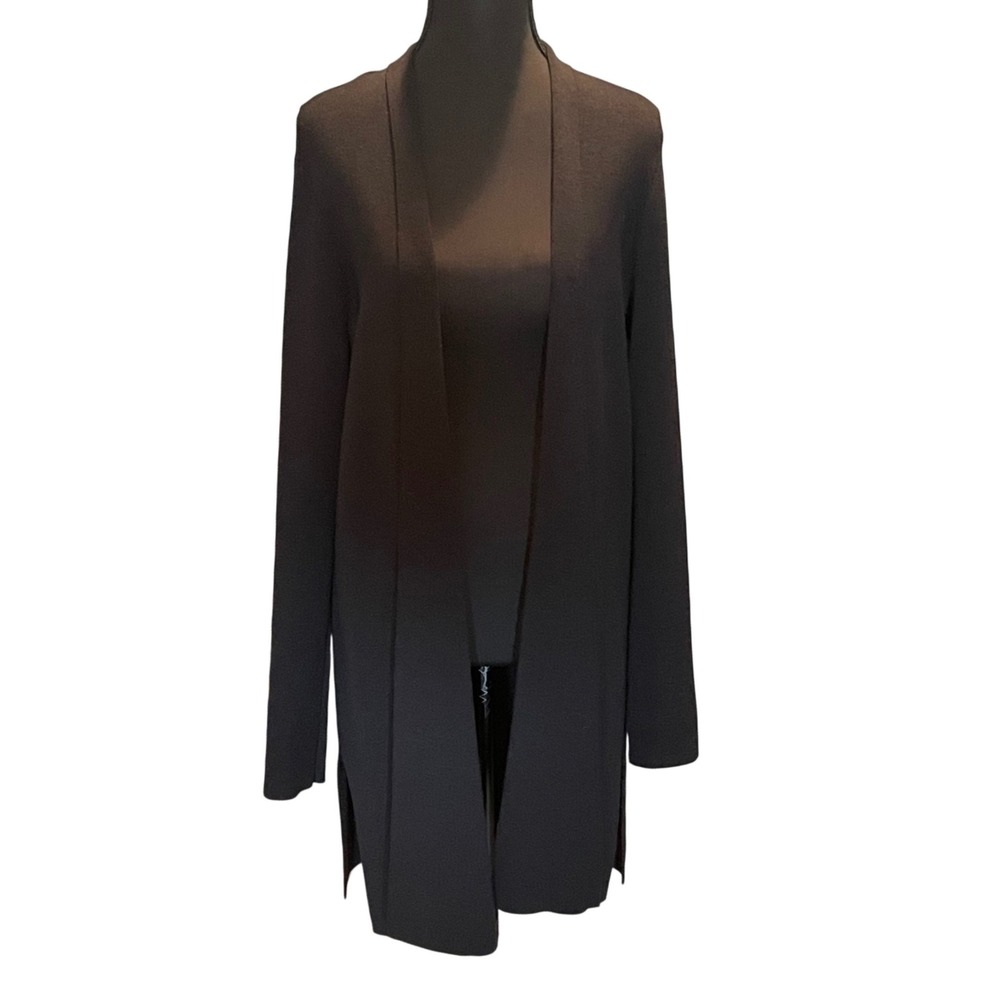 Eileen Fisher Black 100% Wool Open Front Longline Cardigan Sweater Small Italian